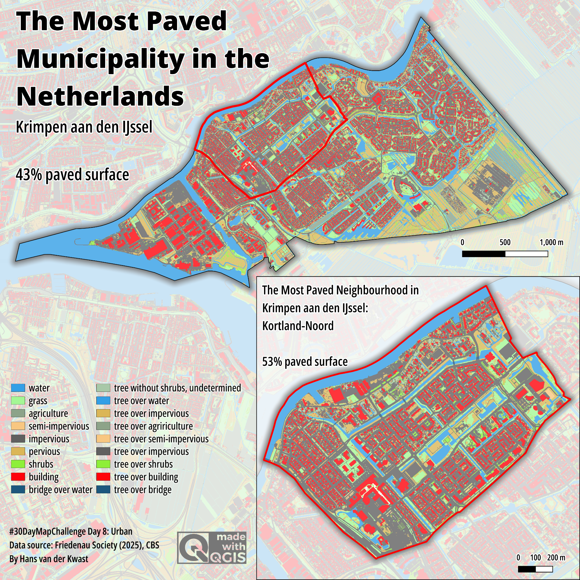 For #30DayMapChallenge 2025 Day 8 - Urban, I've used this map to find the most paved municipality in the Netherlands